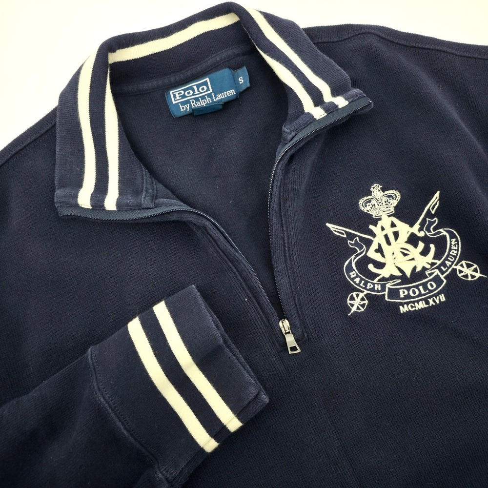 Polo Ralph Lauren Navy Crest Quarter Zip Sweatshirt Women Small Striped Trim